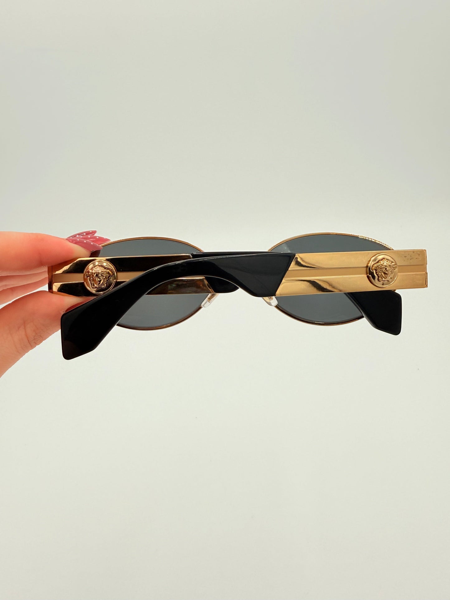 Sunglasses Luxury Designer By Versace In Black & Gold, Size: