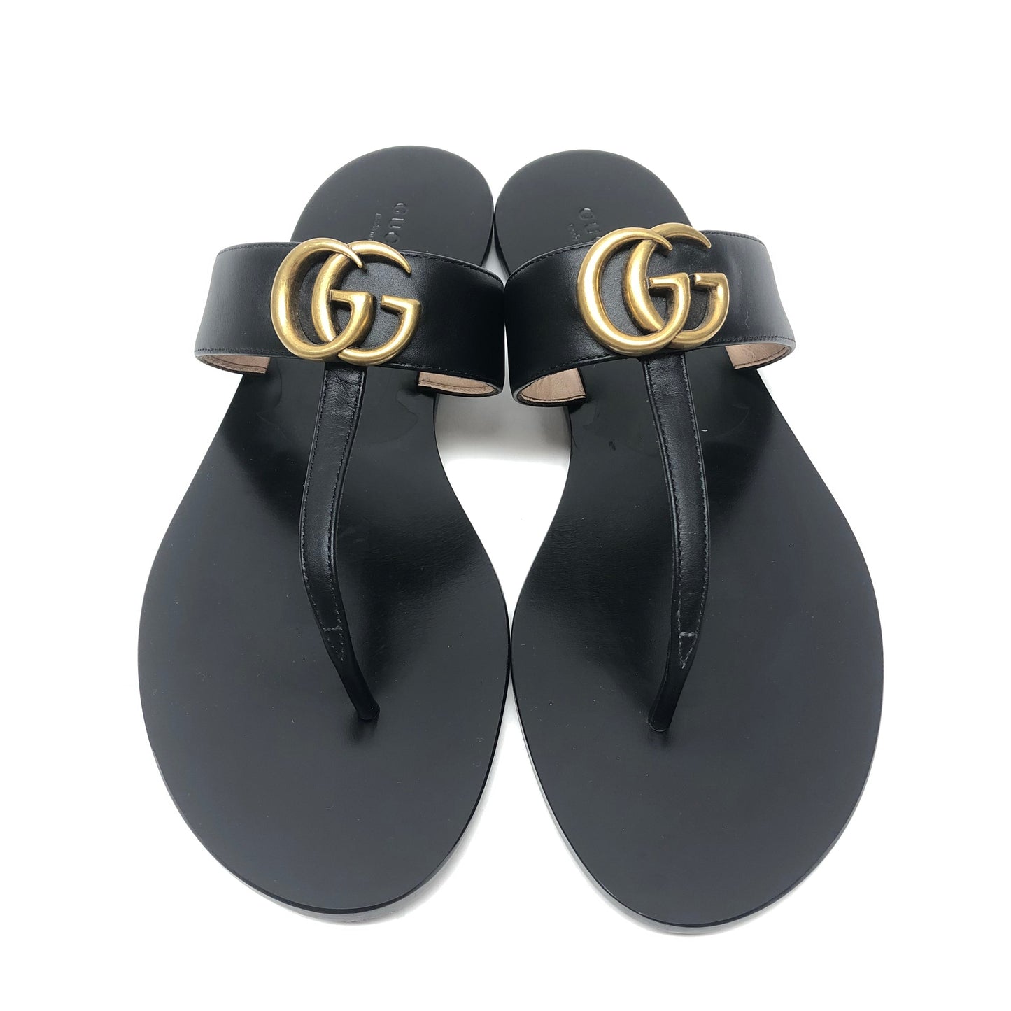 Sandals Luxury Designer By Gucci In Black & Gold, Size: 10.5