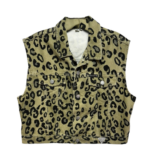 Cropped Denim Vest By Guess In Olive Leopard Print, Size: XL