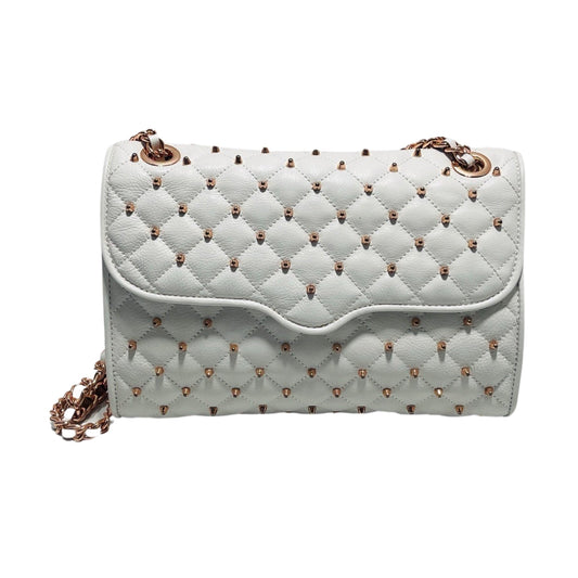 Quilted Leather Studded Gold-Toned Hardware Snap Zip Closure Chain-Link Strap White Shoulder Handbag Designer By Rebecca Minkoff  Size: Medium