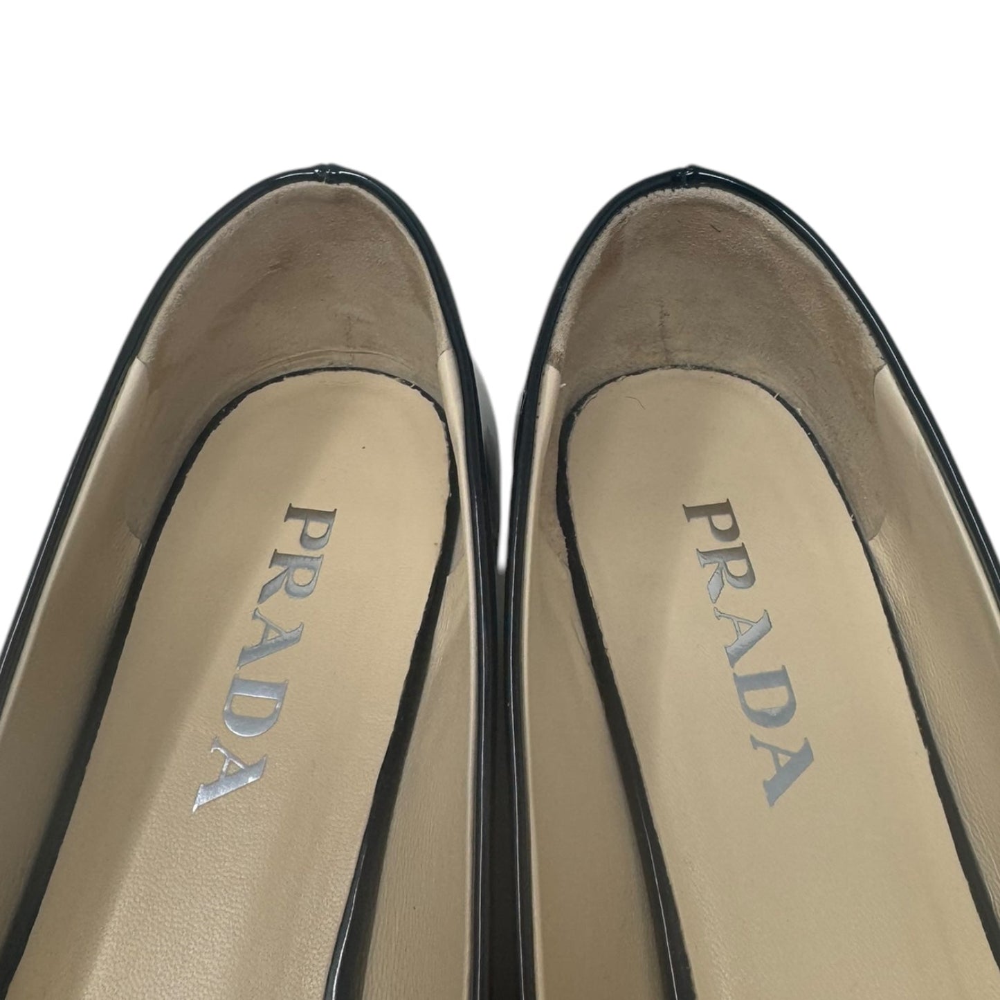 Patent Logo Ballet Flats Shoes Luxury Designer By Prada In Black, Size: 9