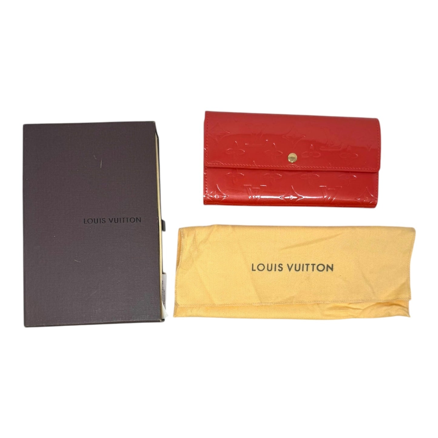 Sarah Vernis Embossed Patent Leather Wallet in Rouge Luxury Designer By Louis Vuitton, Size: Large