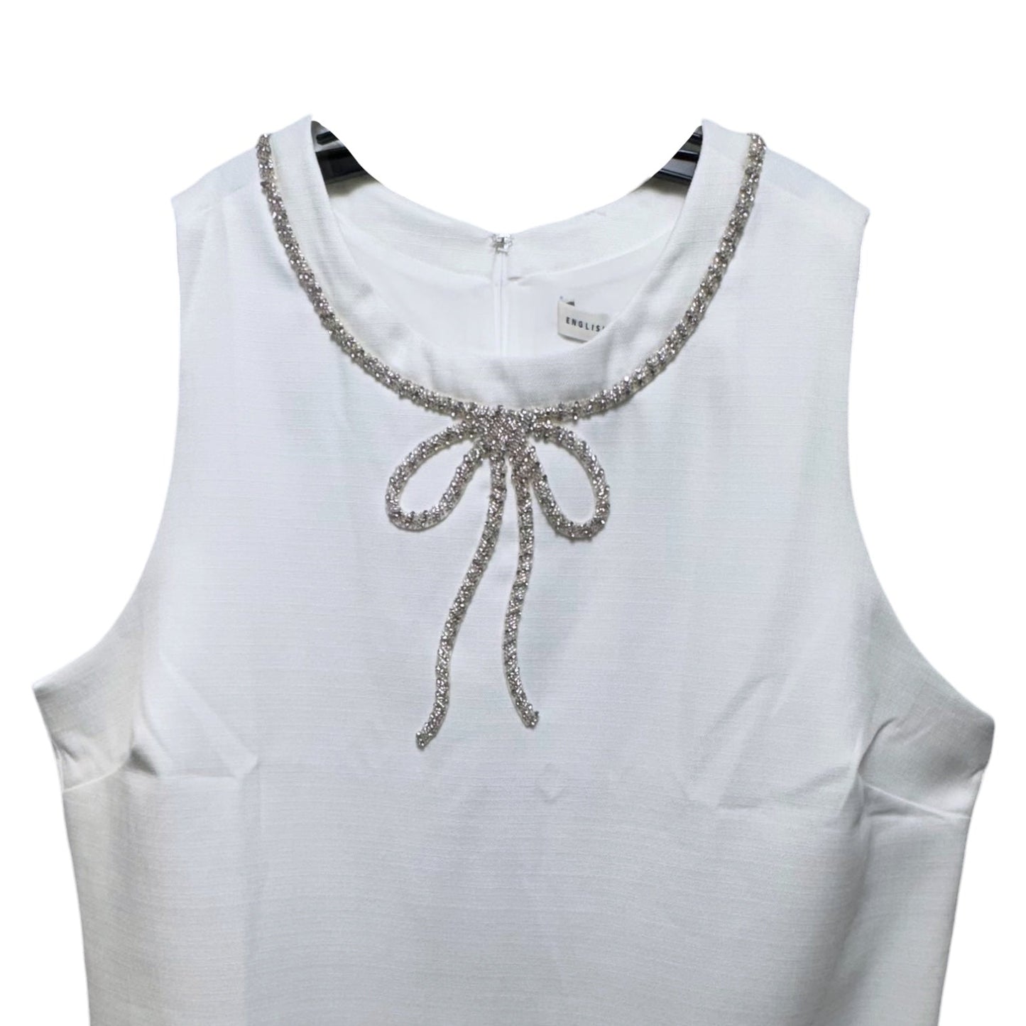 RHINESTONE BOW EMBELLISHED MINI DRESS By English Factory In White, Size: 3x