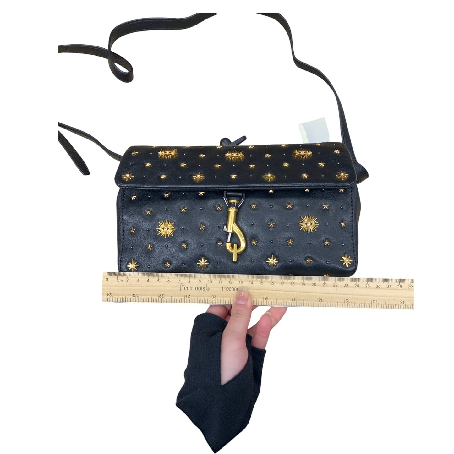 Handbag Designer By Rebecca Minkoff In Black & Gold, Size:Medium