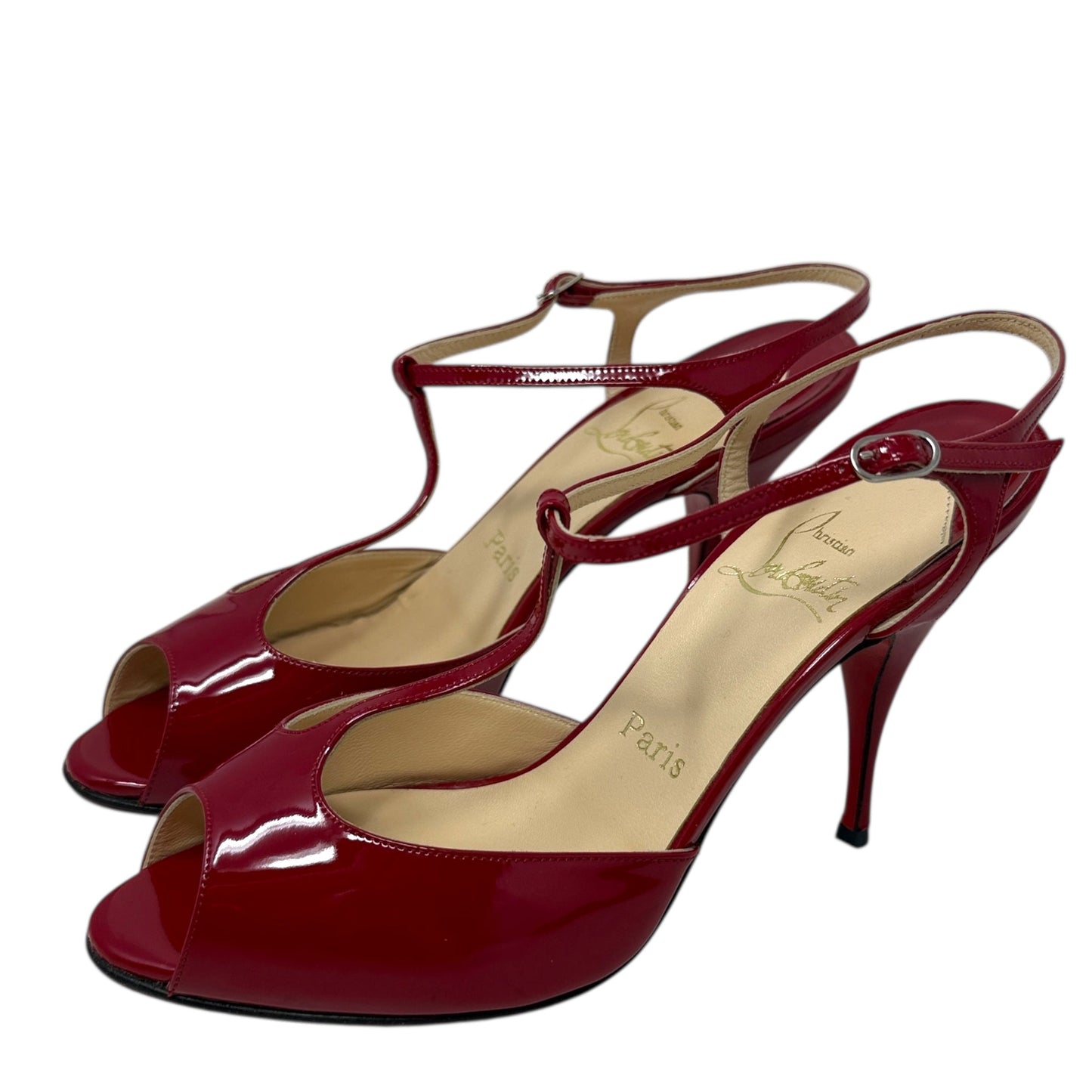 Ernesta T-Strap Patent Leather Pumps Luxury Designer By Christian Louboutin In Red, Size: 7
