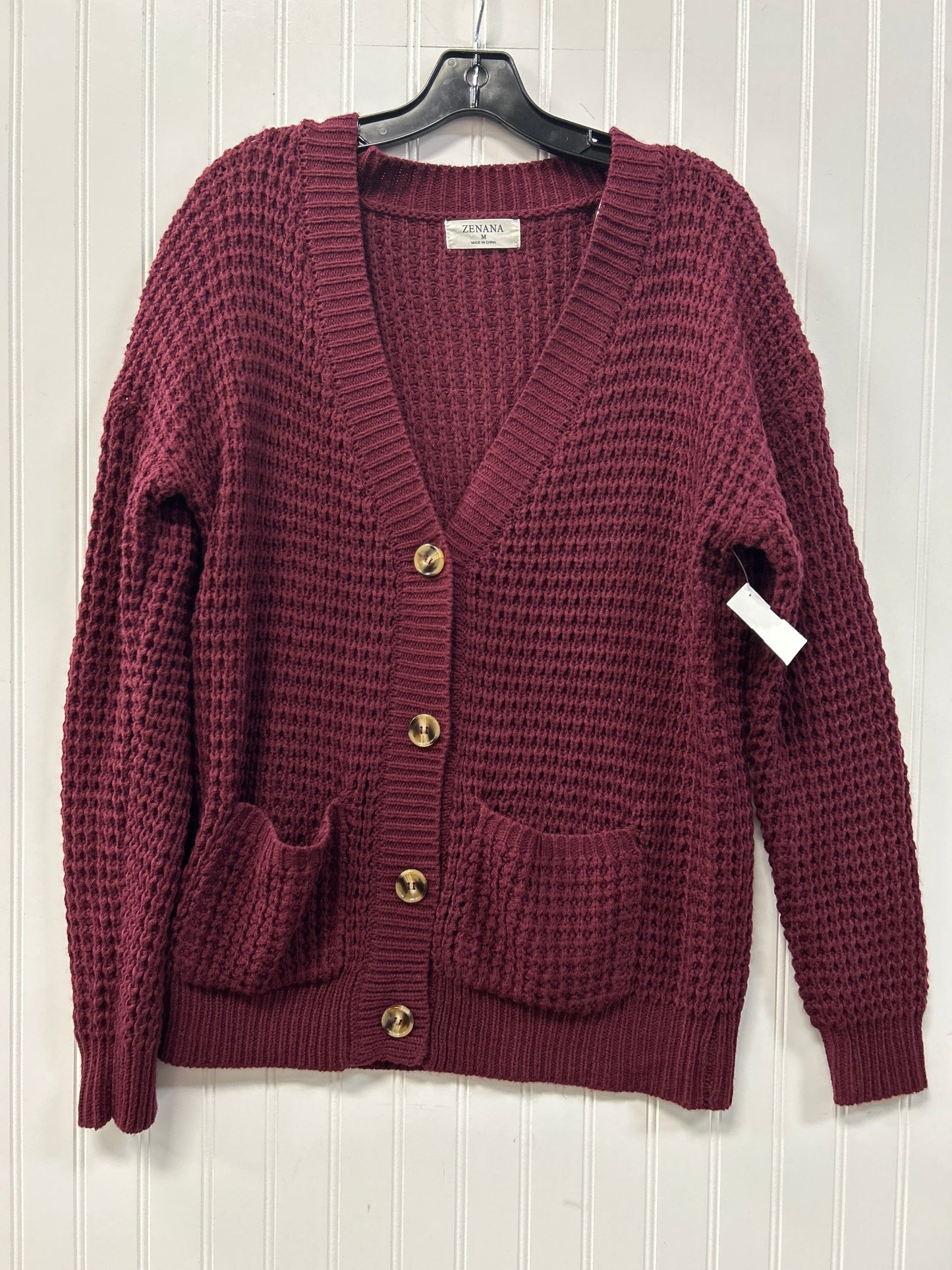 Sweater Cardigan By Zenana In Maroon, Size:M