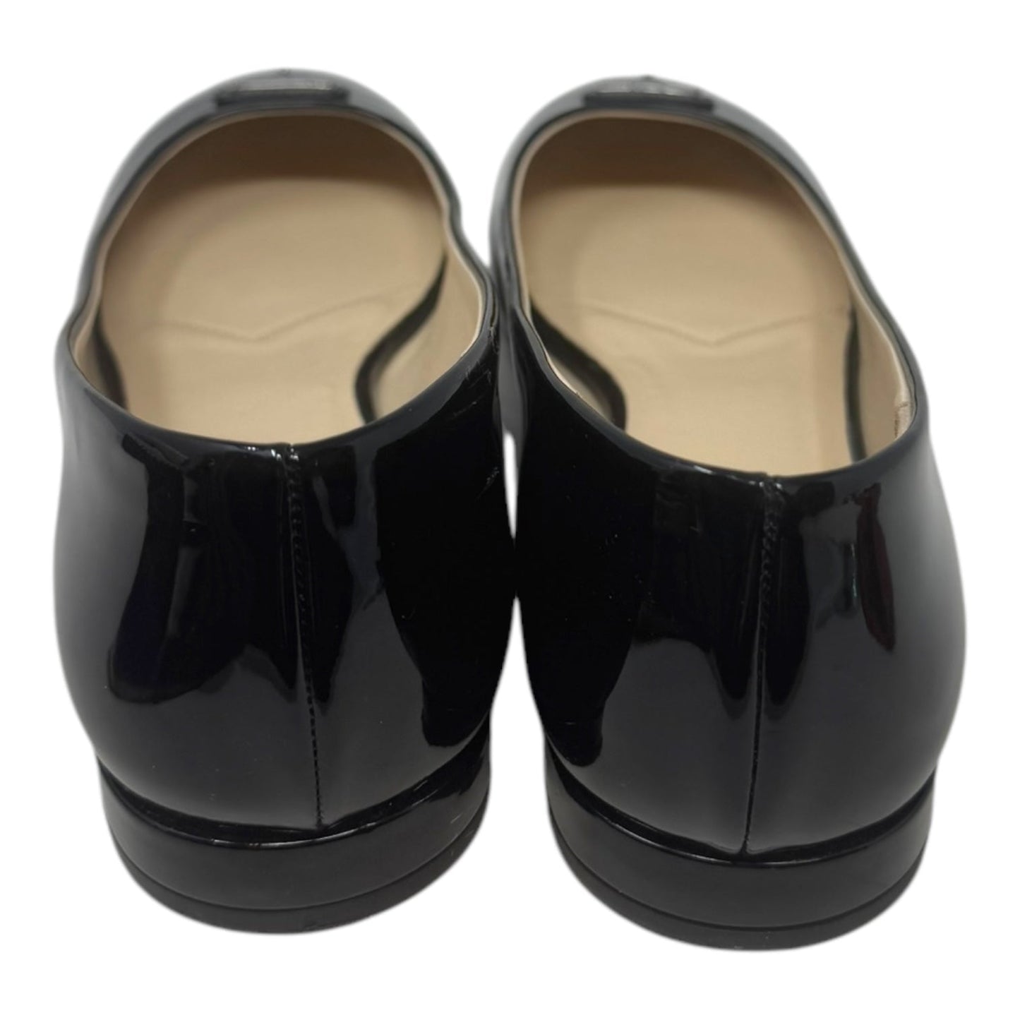 Patent Logo Ballet Flats Shoes Luxury Designer By Prada In Black, Size: 9