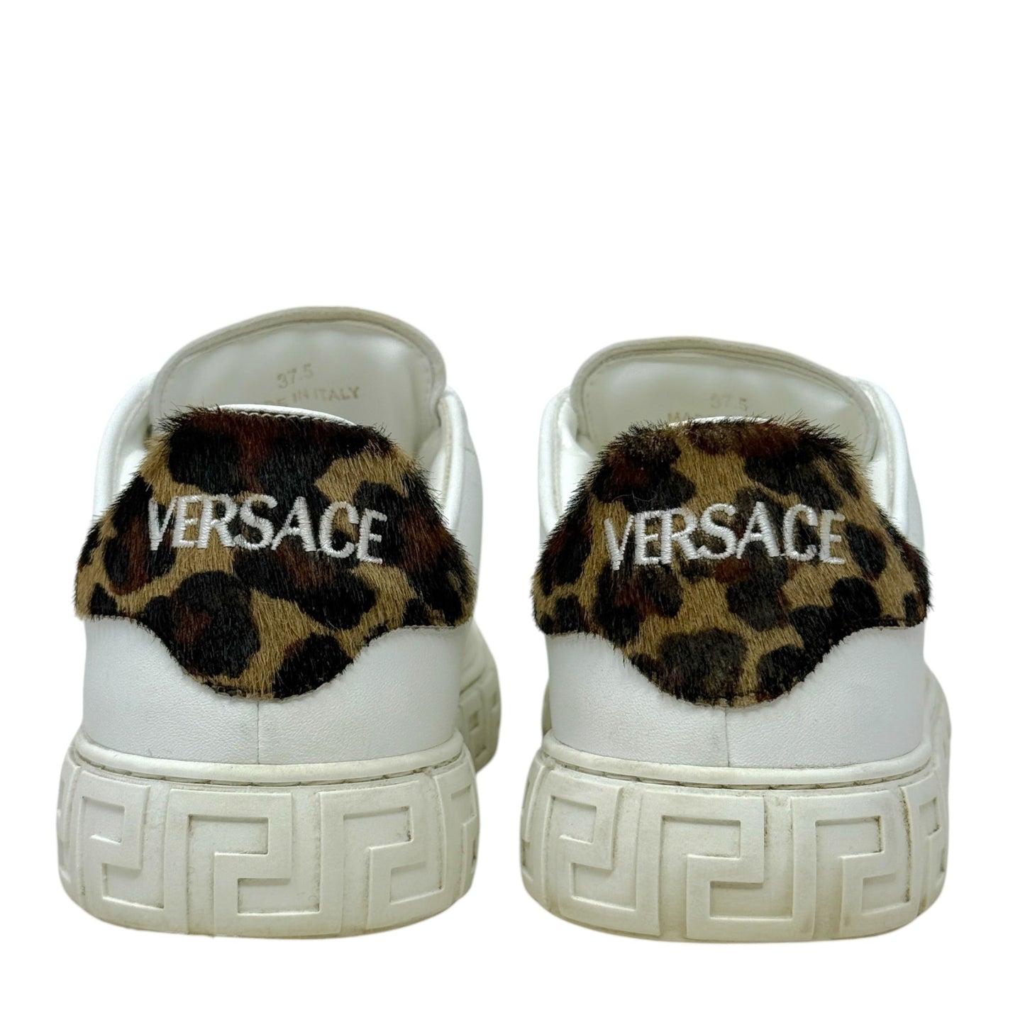 Greca Leopard Embroidered Sneakers Luxury Designer By Versace In White, Size: 7.5