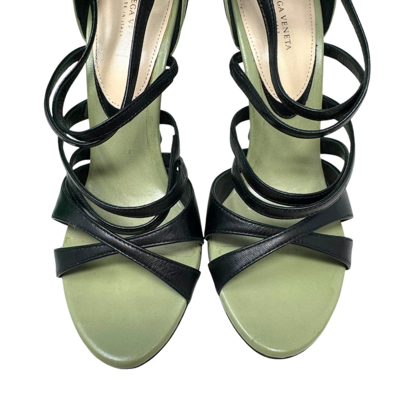 Limited Edition Butterfly Leather Strappy Open Toe Stiletto Sandals Luxury Designer By Bottega Veneta In Black & Olive, Size: 6.5