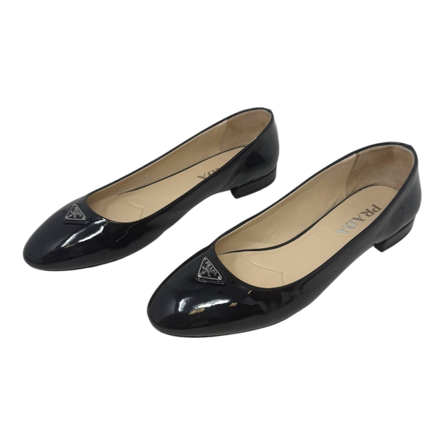 Patent Logo Ballet Flats Shoes Luxury Designer By Prada In Black, Size: 9