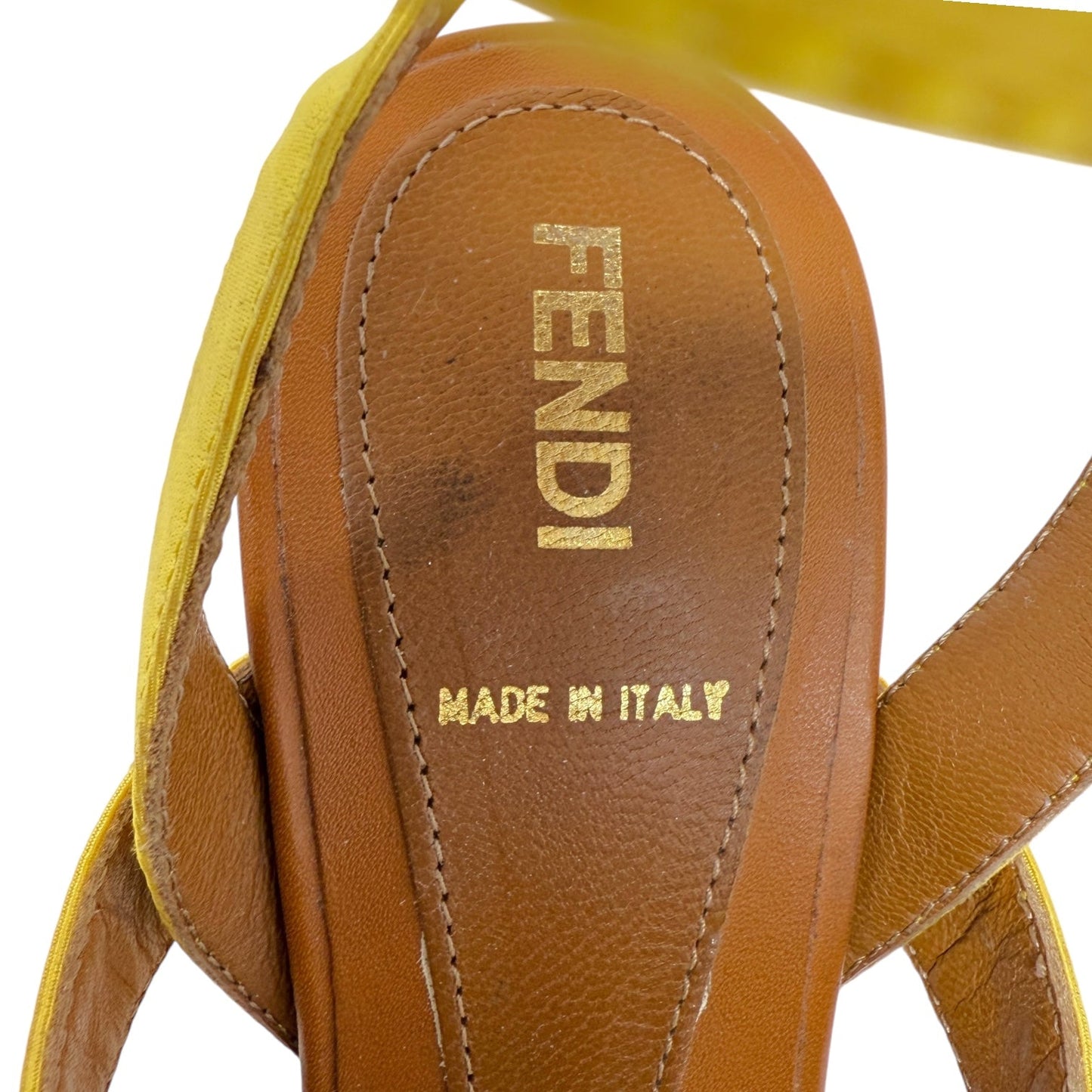 Gros Grain & Cowhide Stilletto Sandals Luxury Designer By Fendi In Mimosa & Honey, Size: US 6.5/IT 36.5