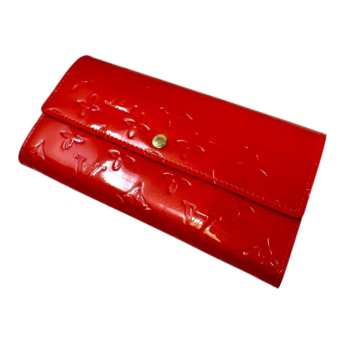 Sarah Vernis Embossed Patent Leather Wallet in Rouge Luxury Designer By Louis Vuitton, Size: Large