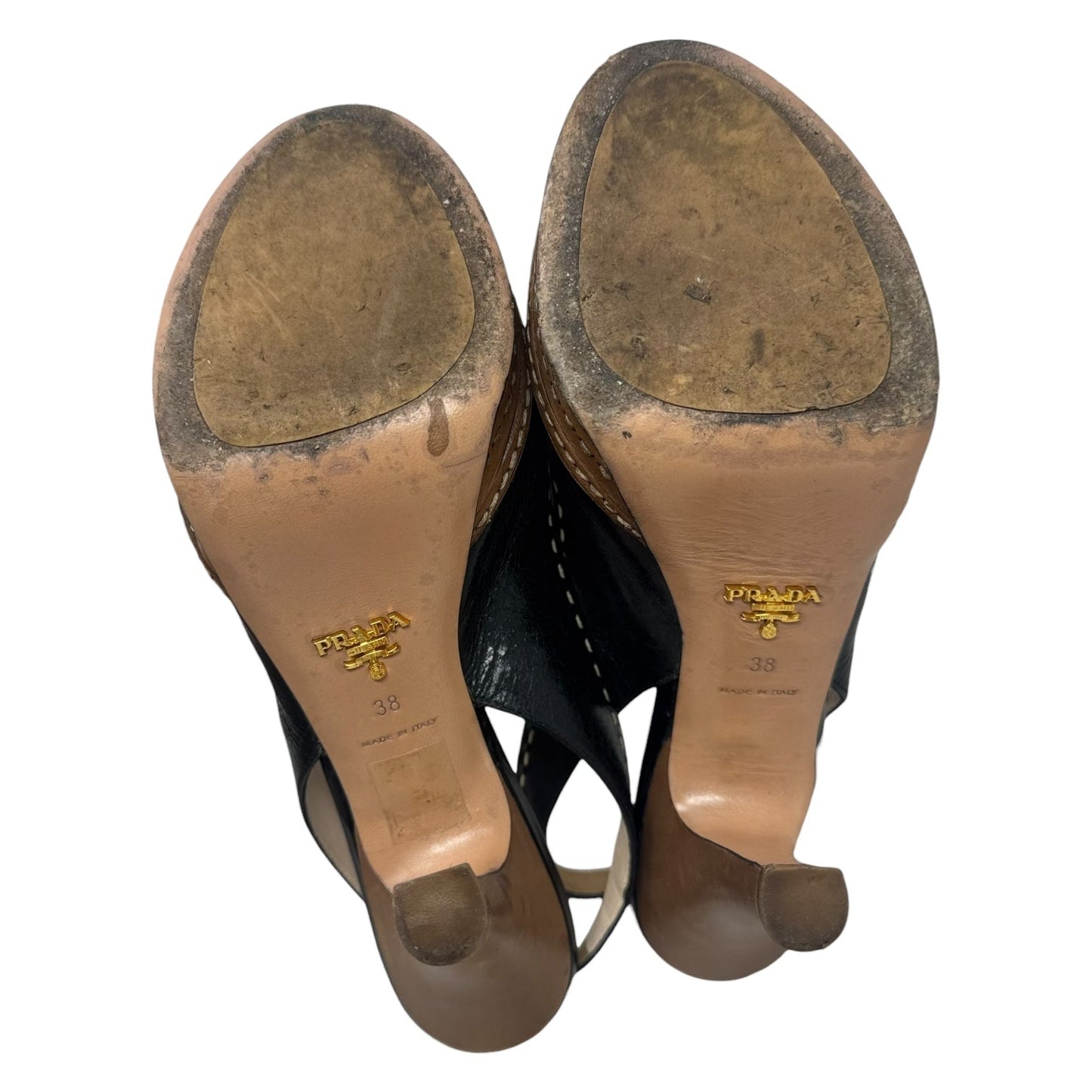 Whipstick Slingback Peep Toe Heels Shoes Luxury Designer By Prada In Black, Size: 8