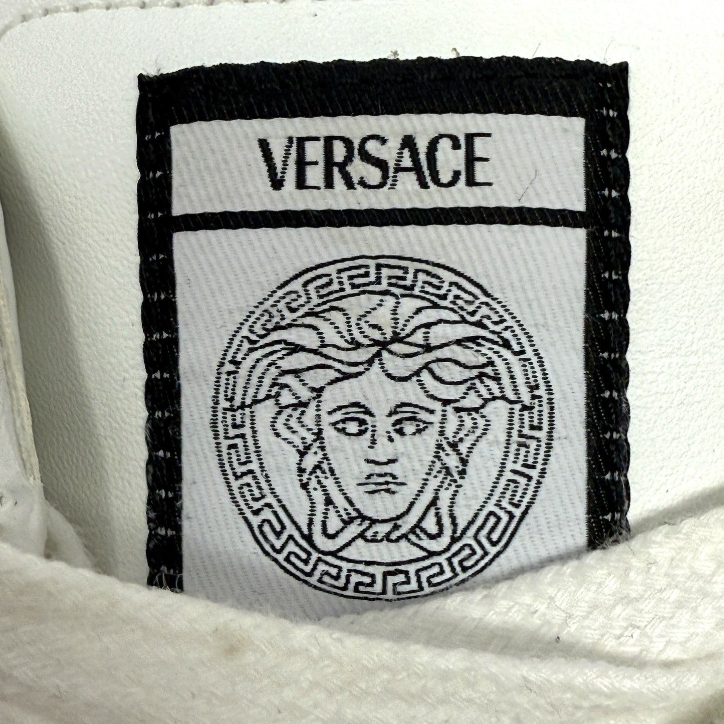 Greca Leopard Embroidered Sneakers Luxury Designer By Versace In White, Size: 7.5