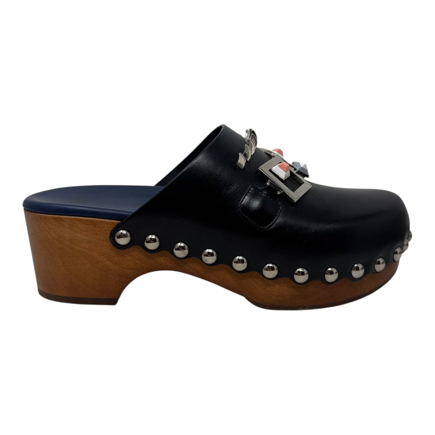 (Monster) Faces Spiked Leather Clogs Luxury Designer By Fendi In Black, Size: US 8 (IT 38)
