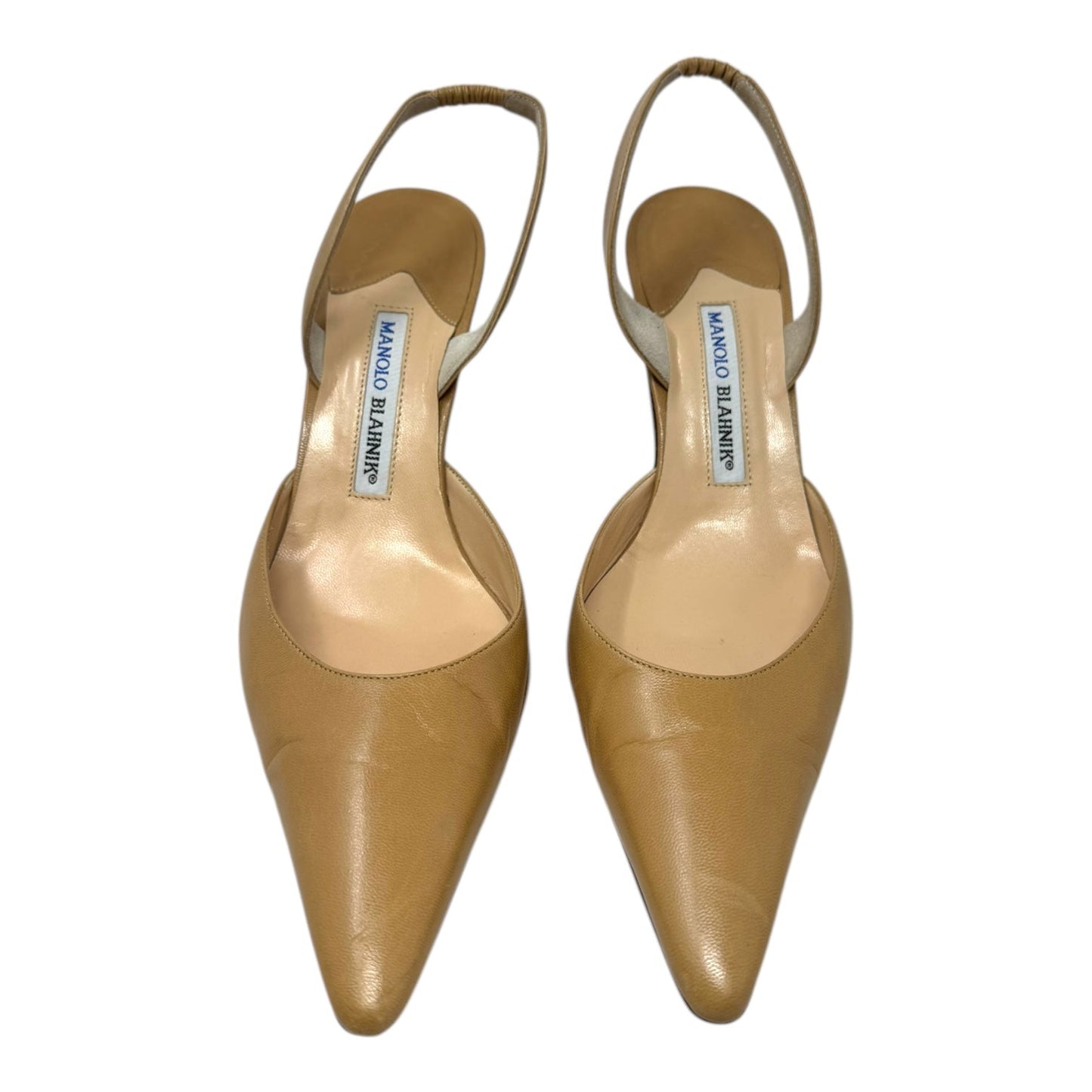 Carolyne Slingback Leather Heels Shoes Luxury Designer By Manolo Blahnik In Beige, Size: 10