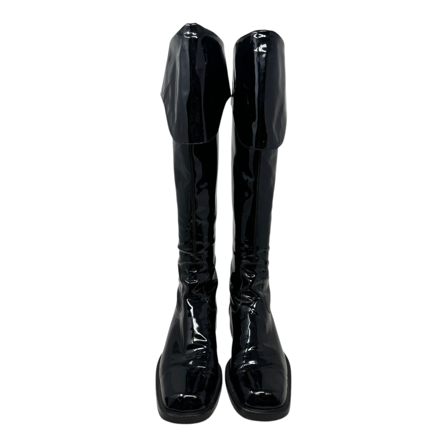 Interlocking C Foldover Patent Leather Combat Boots Luxury Designer By Chanel In Black, Size: 7.5