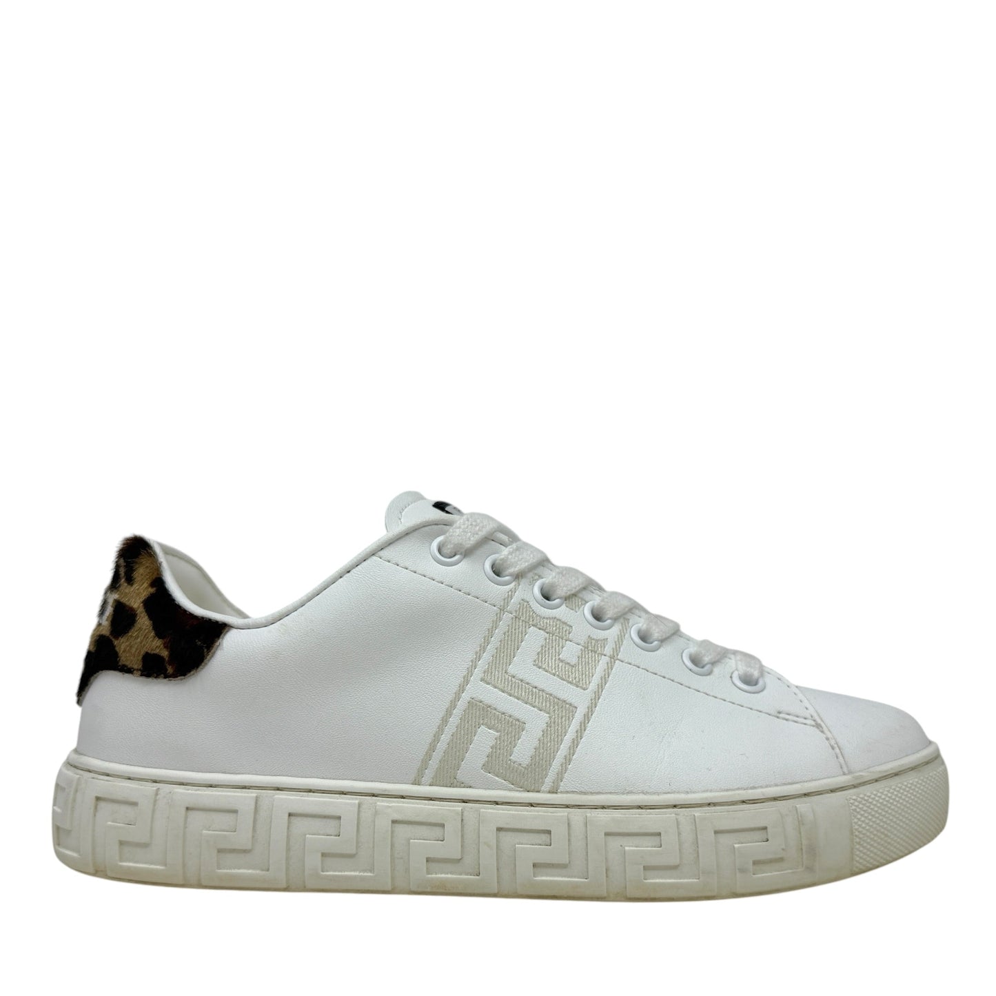 Greca Leopard Embroidered Sneakers Luxury Designer By Versace In White, Size: 7.5