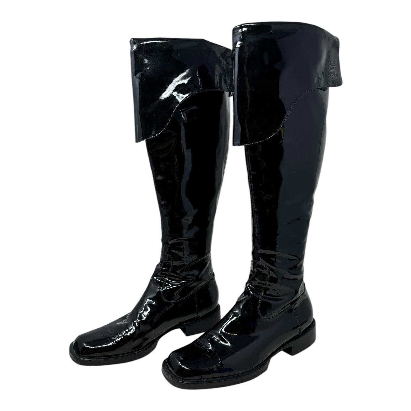 Interlocking C Foldover Patent Leather Combat Boots Luxury Designer By Chanel In Black, Size: 7.5