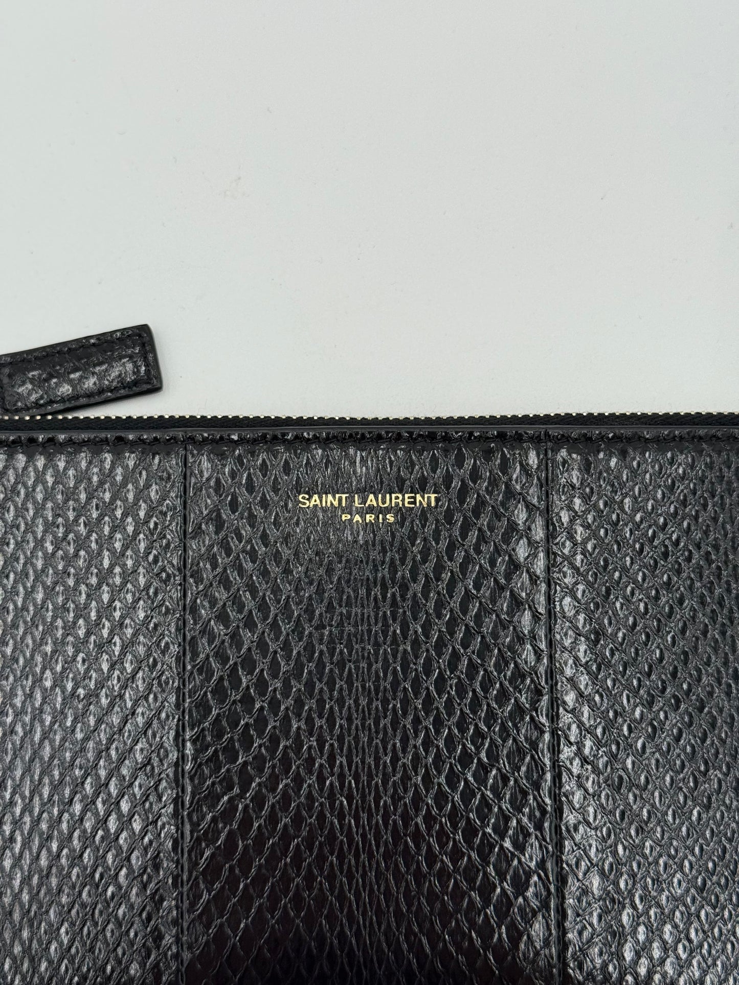 Clutch Luxury Designer By Yves Saint Laurent In Black & Gold, Size:Small