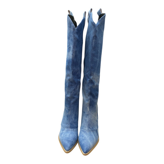 Boots Knee Heels By Clothes Mentor In Blue Denim, Size:6