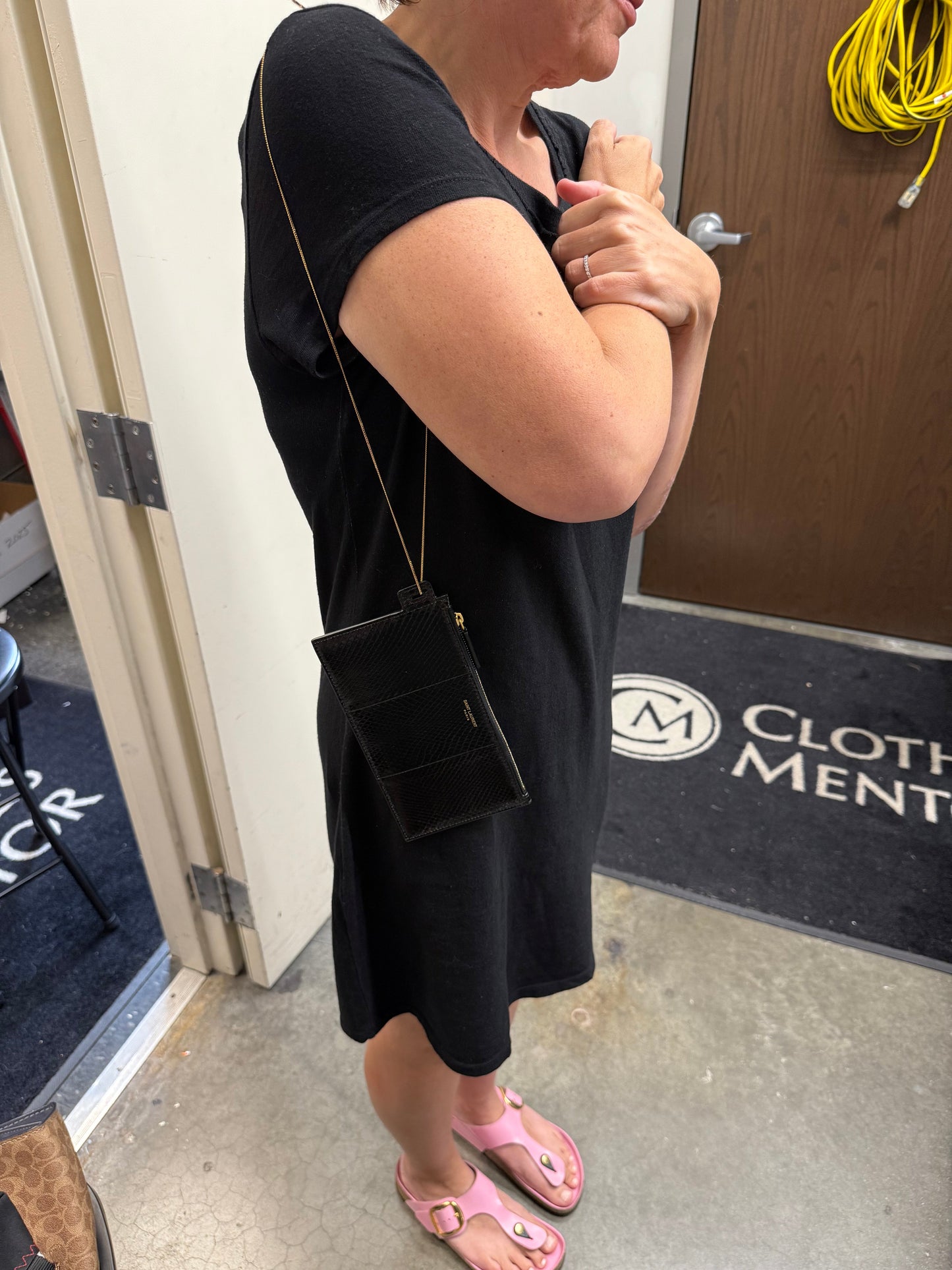 Clutch Luxury Designer By Yves Saint Laurent In Black & Gold, Size:Small