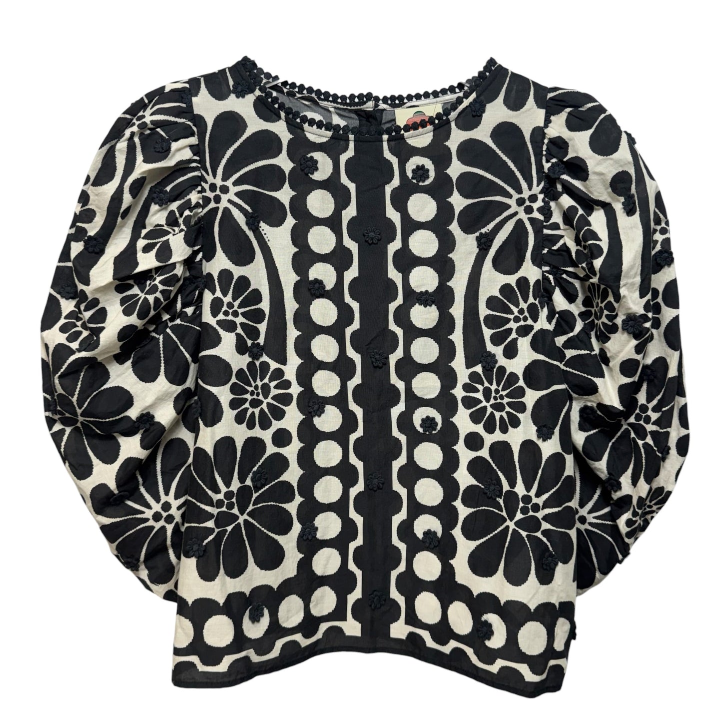 Palermo Puff-Sleeve Button-Back Blouse By Farm Rio In Black & Cream, Size: M