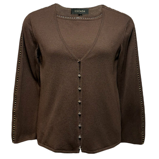 Wool Cashmere Silk Blend & Crystal Embellished Cardigan Sweater Twin Set Designer By Escada In Brown, Size: 6
