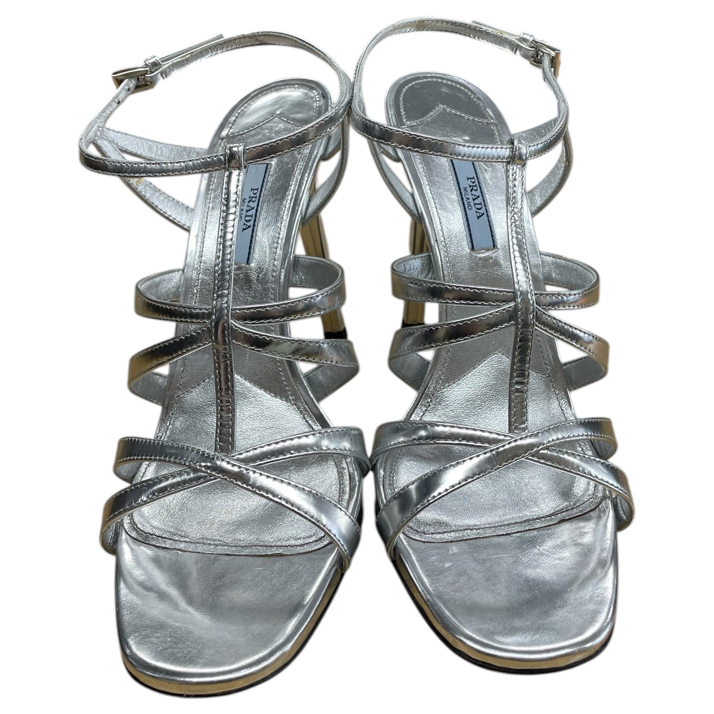 Sandals Luxury Designer By Prada In Silver, Size:10