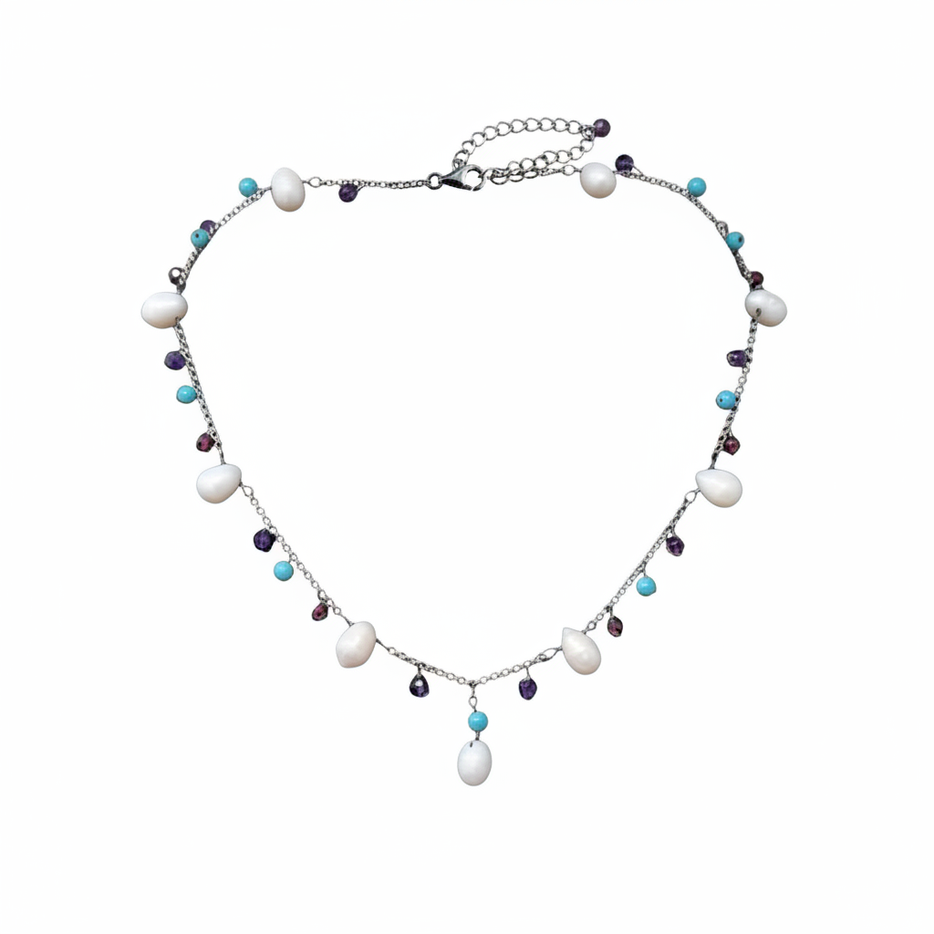 Sterling Silver & Multi-Colored Semi-Precious Gemstone Drops Beaded Necklace
