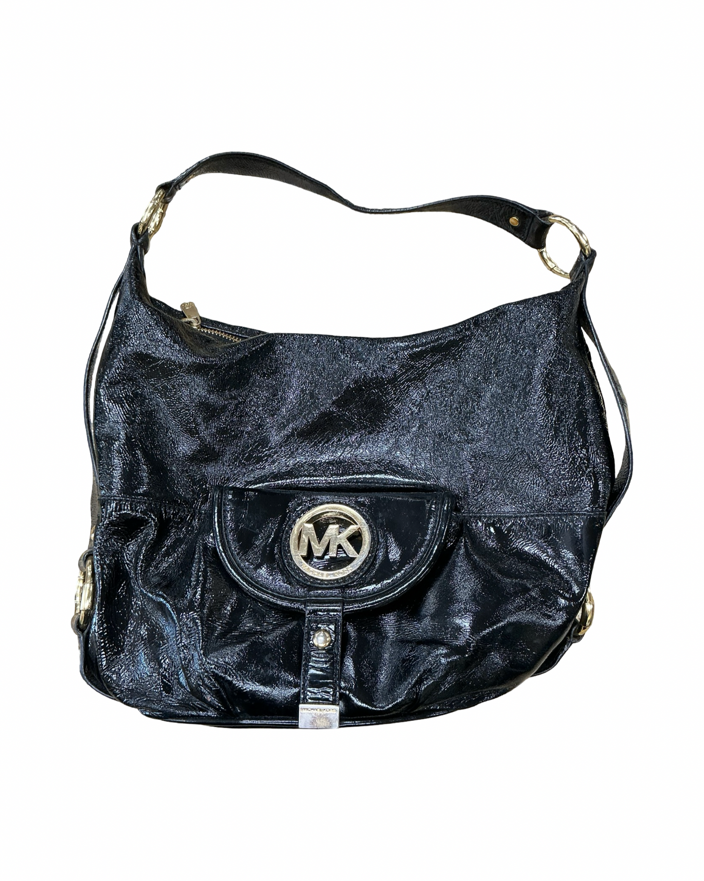 Handbag Designer By Michael Kors In Black & Gold, Size:Medium