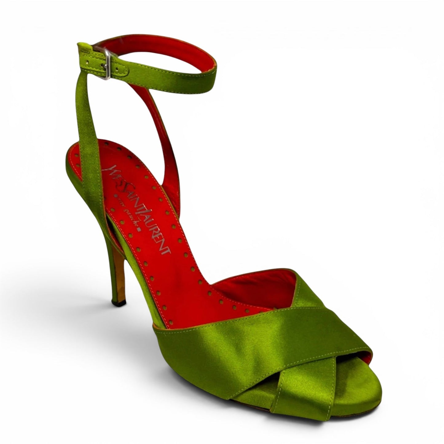 AS IS Rive Gauche Satin Heels Shoes Luxury Designer By Yves Saint Laurent In Green & Red, Size: 9 (39)