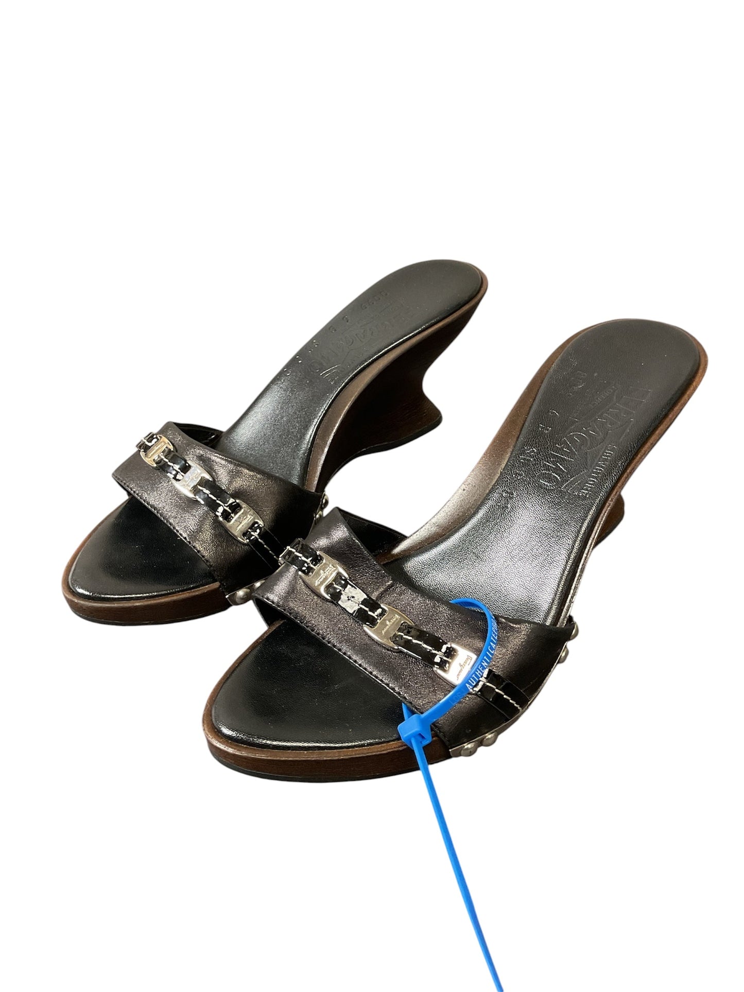 Sandals Luxury Designer By Ferragamo In Black & Brown, Size:6