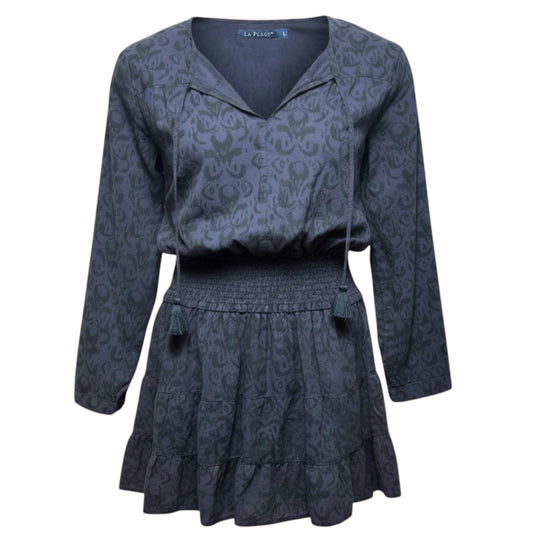 Long Sleeve Smocked Waist Mini Dress By La Plage In Purple, Size: L