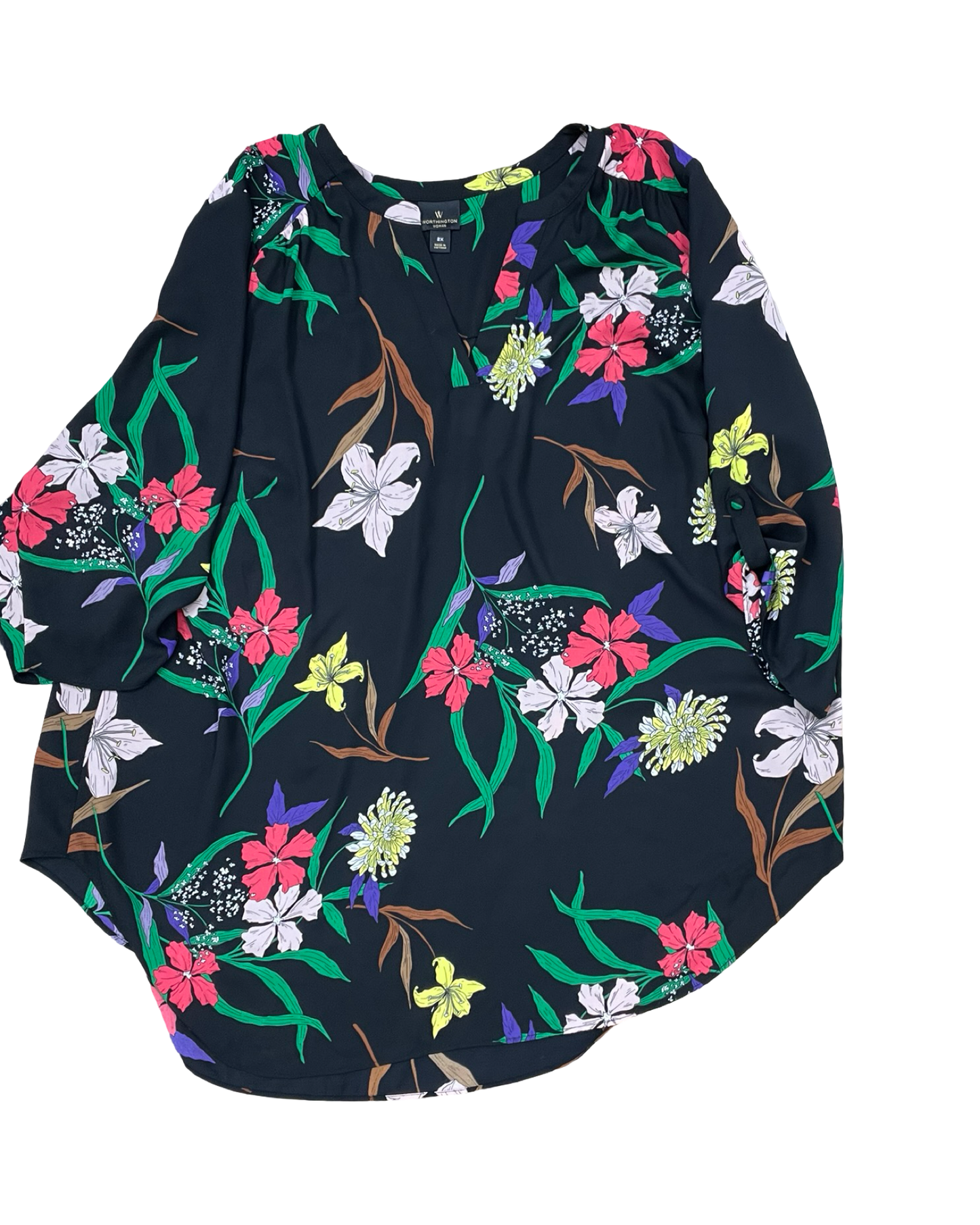 Top 3/4 Sleeve By Worthington In Black & Green, Size:2X