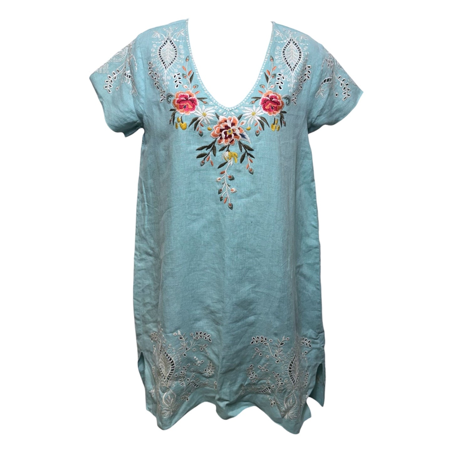 Assa Teal Blue Embroidered Linen Drape Tunic Dress By Johnny Was In Blue, Size: XS