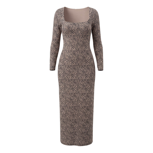 Long Sleeve Square Neck Bodycon Maxi Dress By Aerie In Animal Print, Size: XL