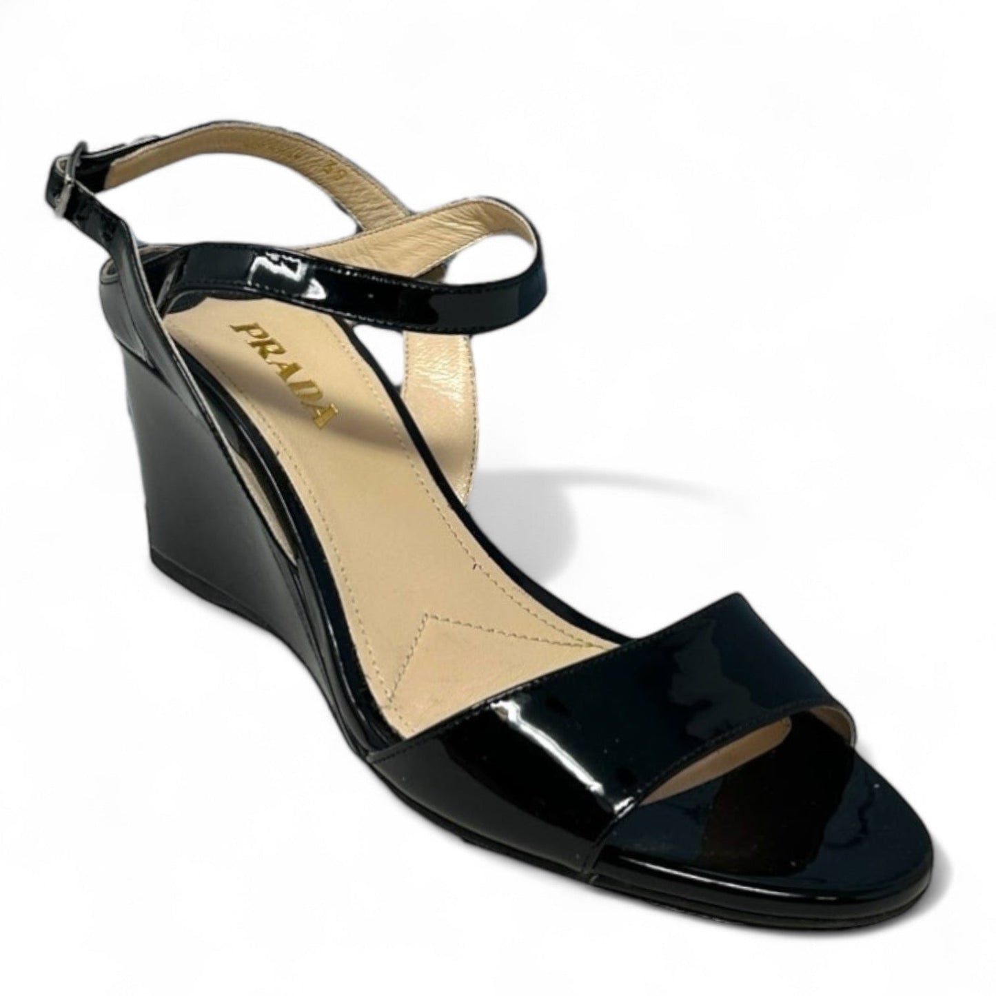 Calzature Donna Patent Leather Wedge Sandals, Vernice, Nero Luxury Designer By Prada  Size: 9