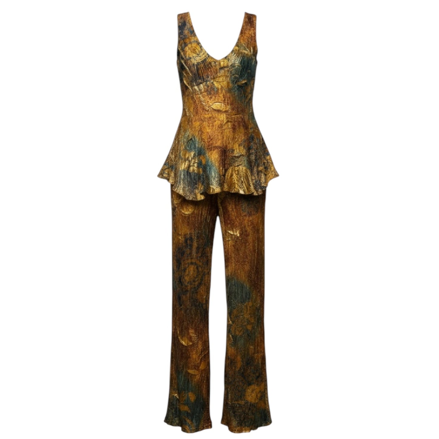 Crinkle Evening Tank & Trouser Set 2pc By Komarov In Gold & Green, Size: S