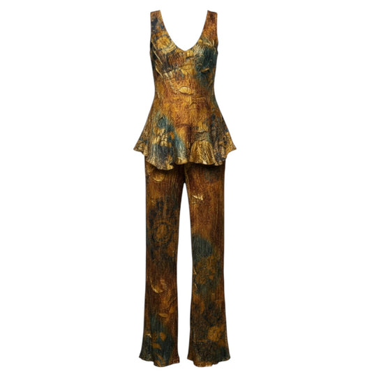 Crinkle Evening Tank & Trouser Set 2pc By Komarov In Gold & Green, Size: S