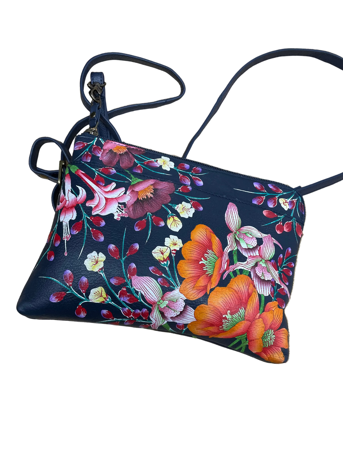Crossbody Leather By Anuschka In Black & Orange, Size:Small