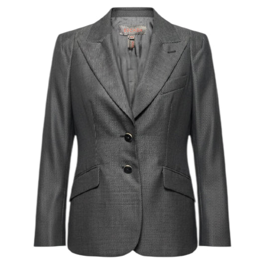 Wool Silk Blend Single Breasted 2 Button Tailored Blazer Designer By Escada In Black & White, Size: M (40 EU)