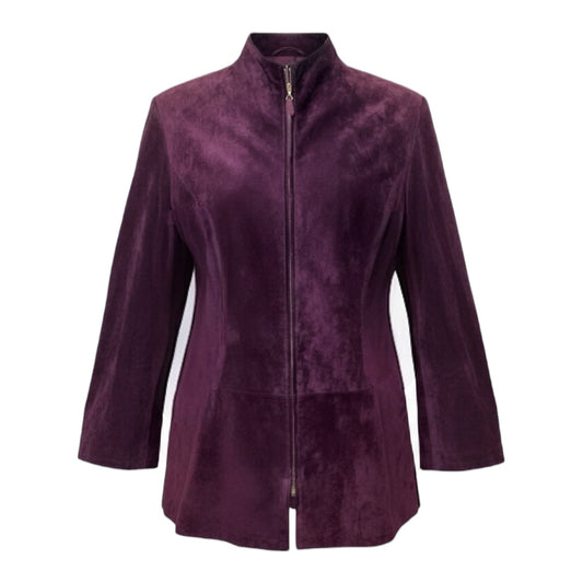 AS IS Calf Suede Zip Front Coat Designer By Escada In Purple, Size: L (42 EU)