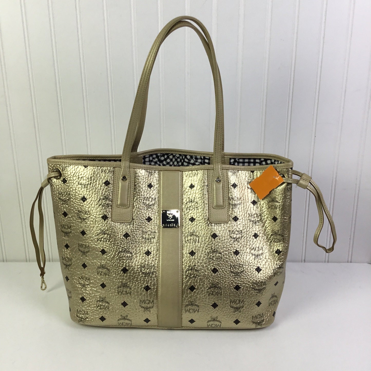 Handbag Luxury Designer By Mcm In Gold, Size:Large