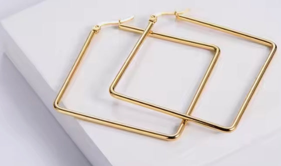 NEW! 18k gold plated dangle square shaped pendant oversized geometric hoop earrings