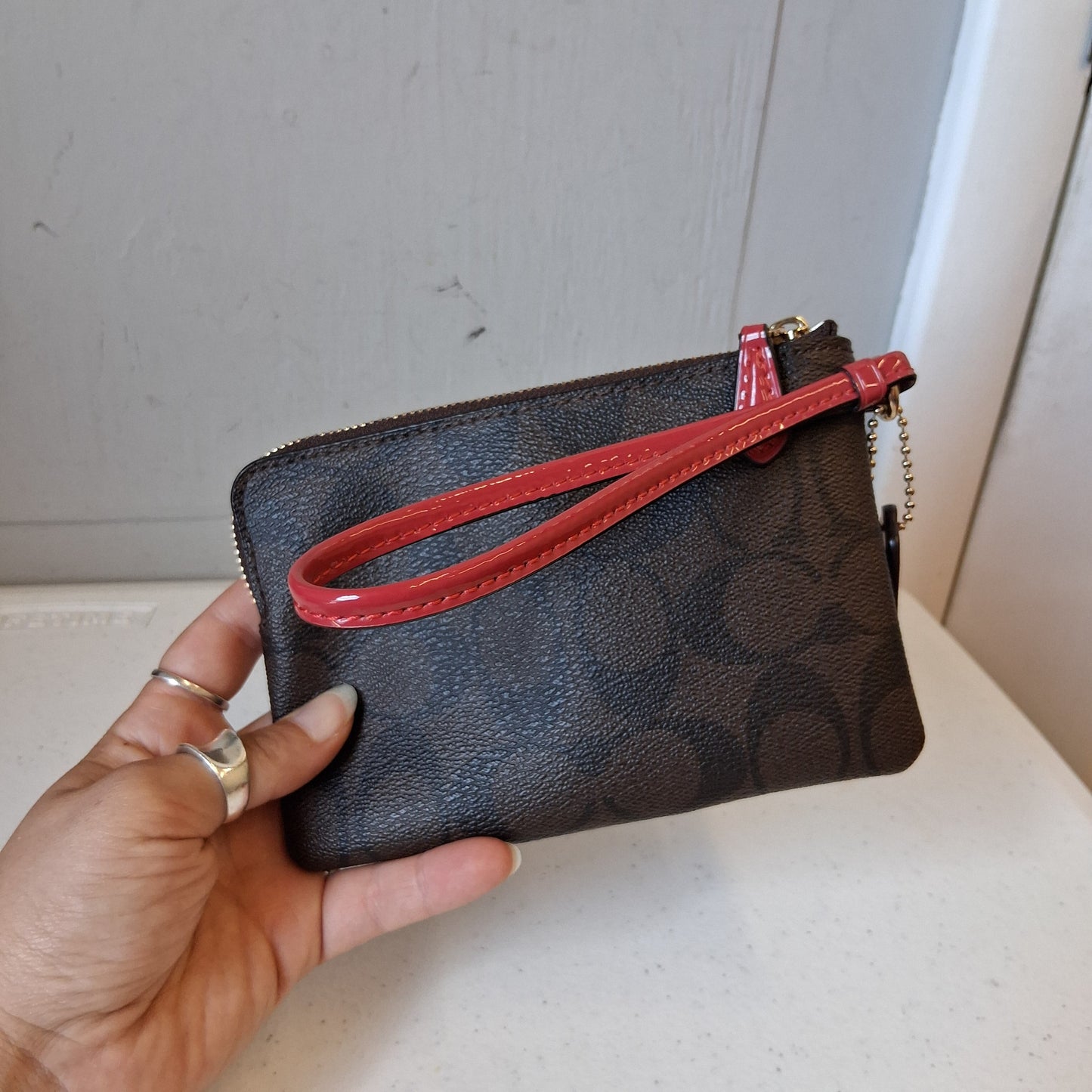 Wristlet Designer By Coach In Brown & Red, Size:Small