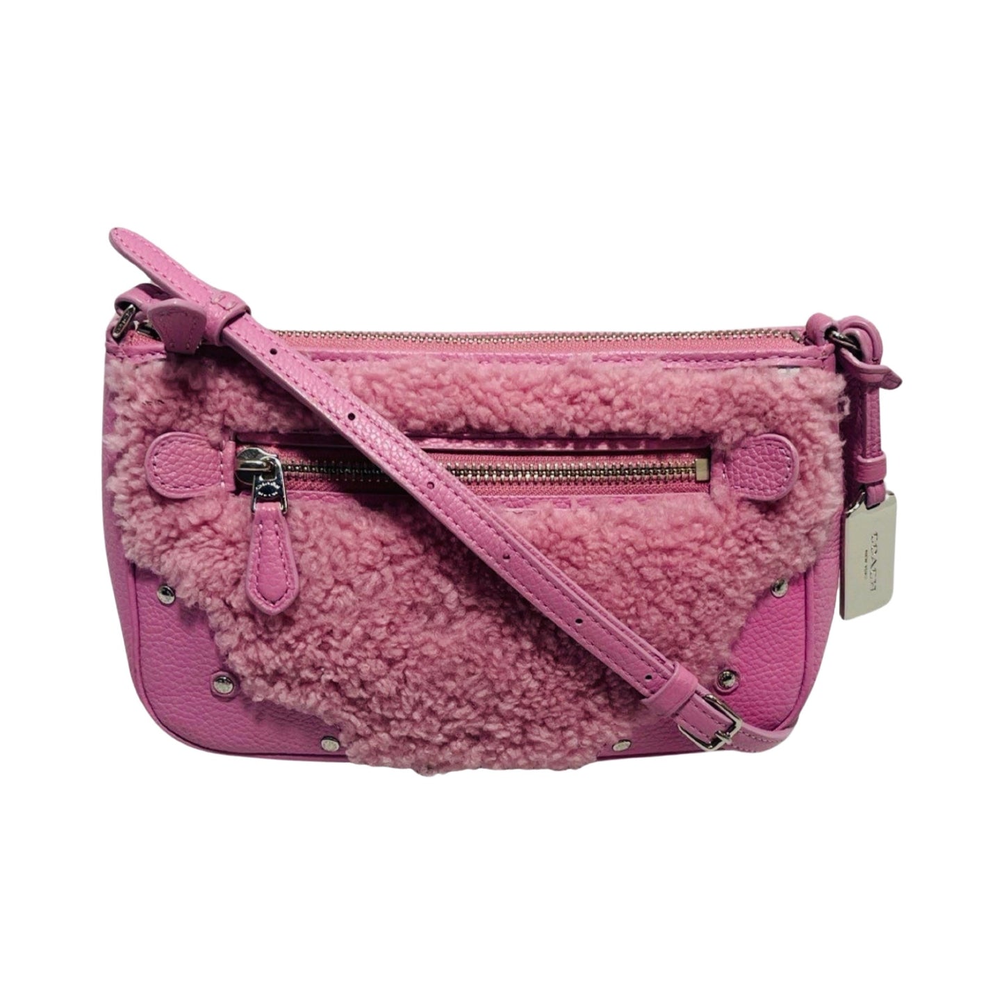 Shearling Leather Rhyder Pochette Zip Closure Pink Marshmallow with Silver Accents Crossbody/Shoulder Designer By Coach  Size: Small